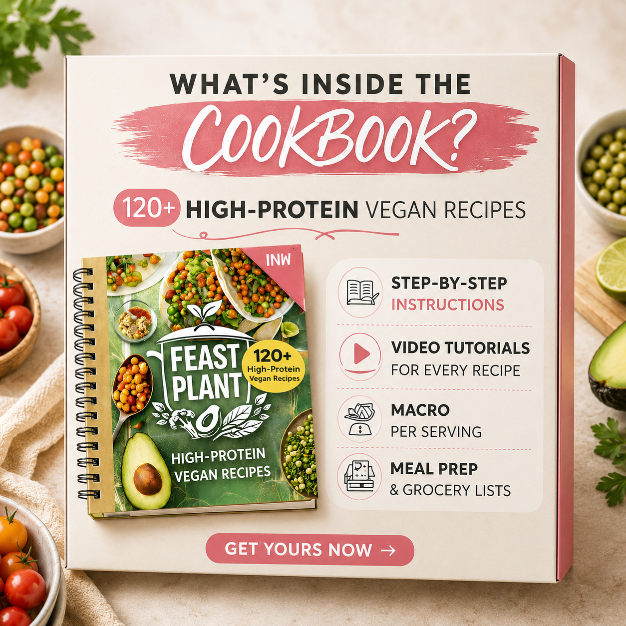 Feast Plant cookbook artwork showing 120+ high-protein vegan recipes and included features