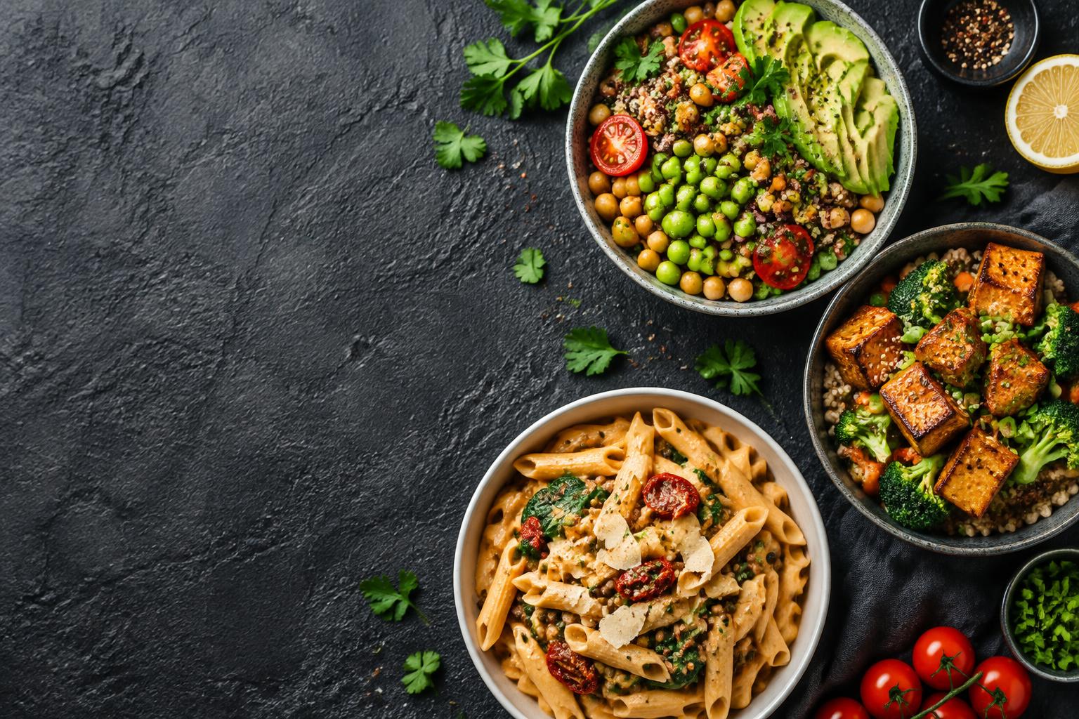 Colorful plant-based bowls with chickpeas, edamame, tofu and pasta